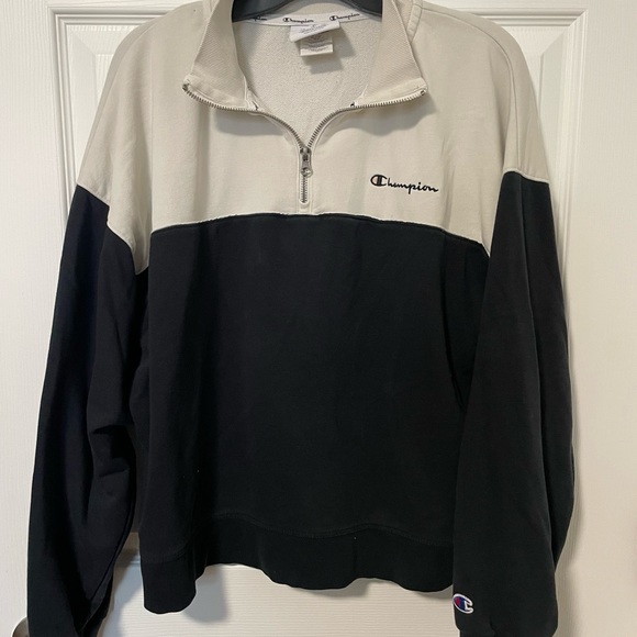 Champion Sweatshirt 2 tone‎ color black gray zip neck collar size Large pullover - Picture 1 of 6